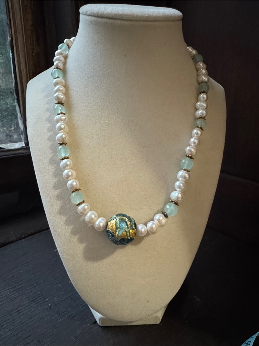 Freshwater Pearl Aquamarine Murano Glass Necklace 22” Handmade Statement Boho